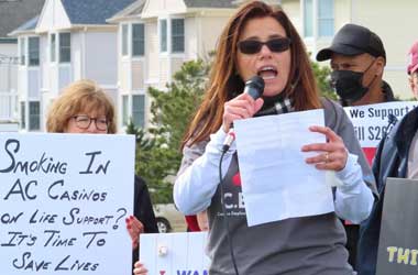 United Auto Workers Union Shows Support for NJ Casino Smoking Ban Nicole Vitola speaking during a smoking ban rally in New Jersey